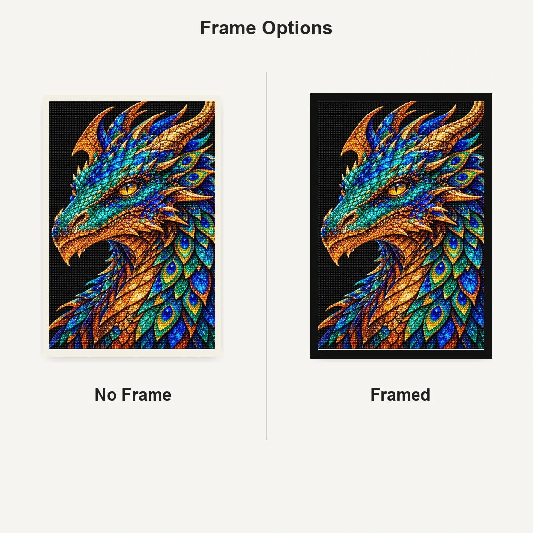 Peacock Feather Mosaic Dragon No Frame and Framed style comparison