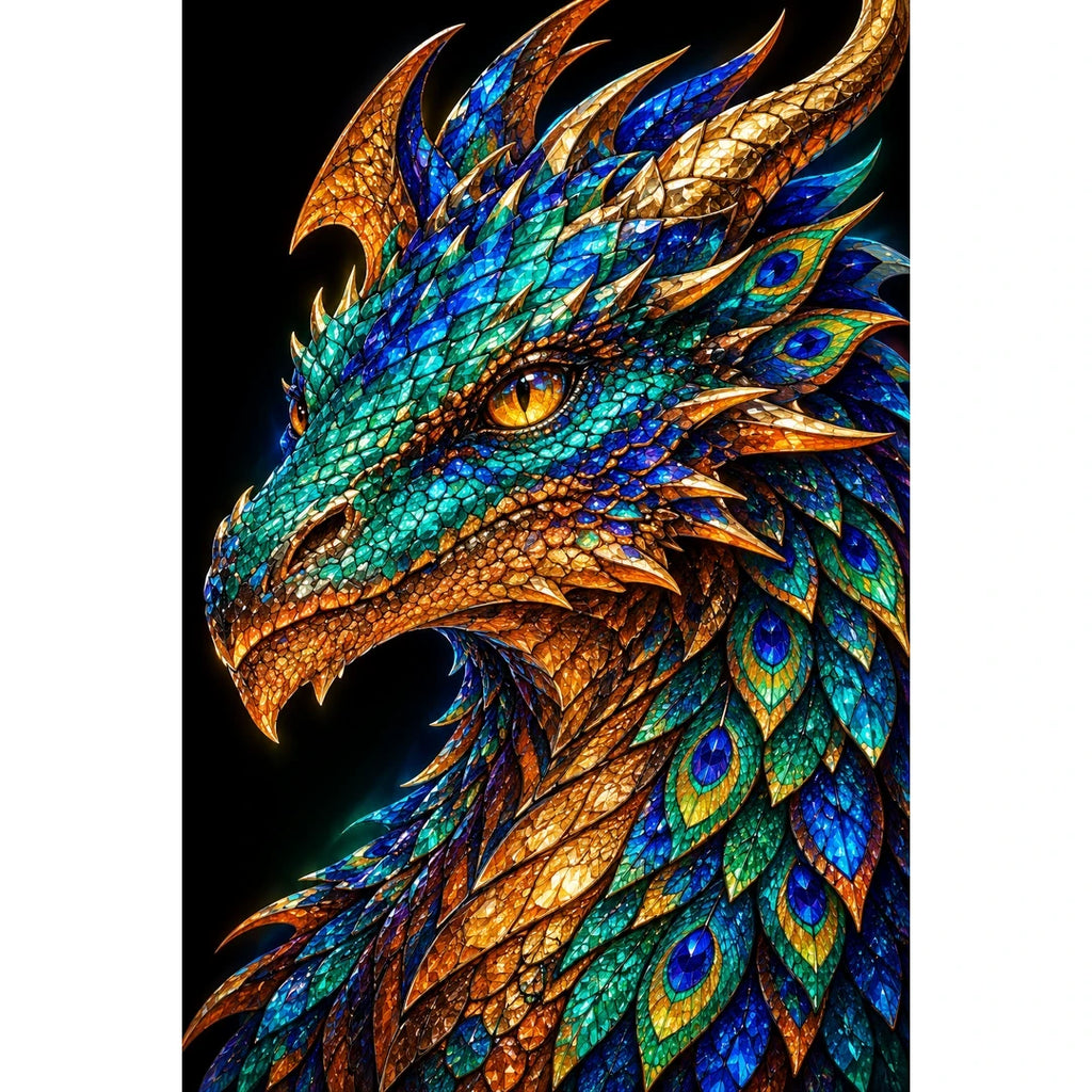 Peacock Feather Mosaic Dragon original artwork on white background