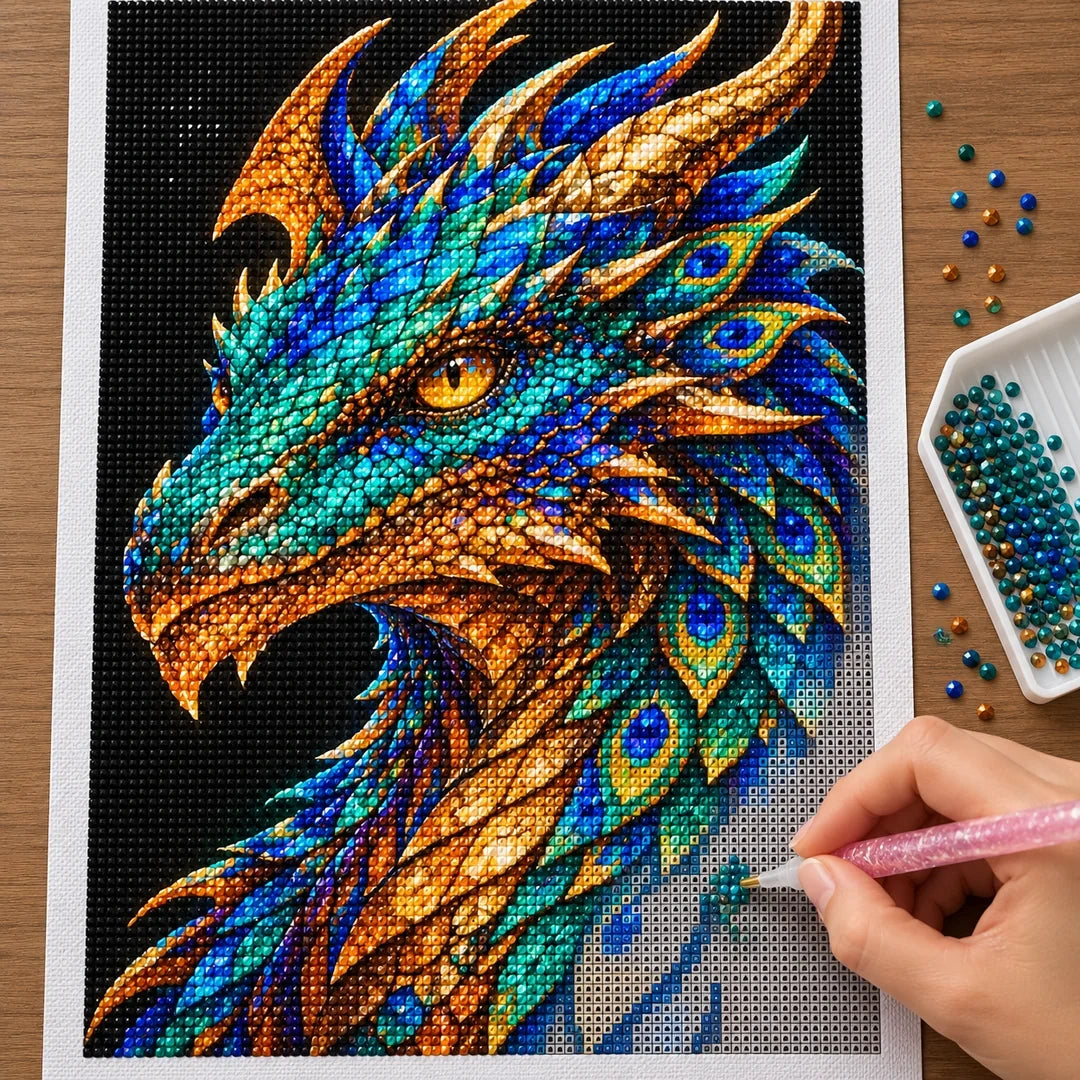 Peacock Feather Mosaic Dragon diamond painting process with pen and tray