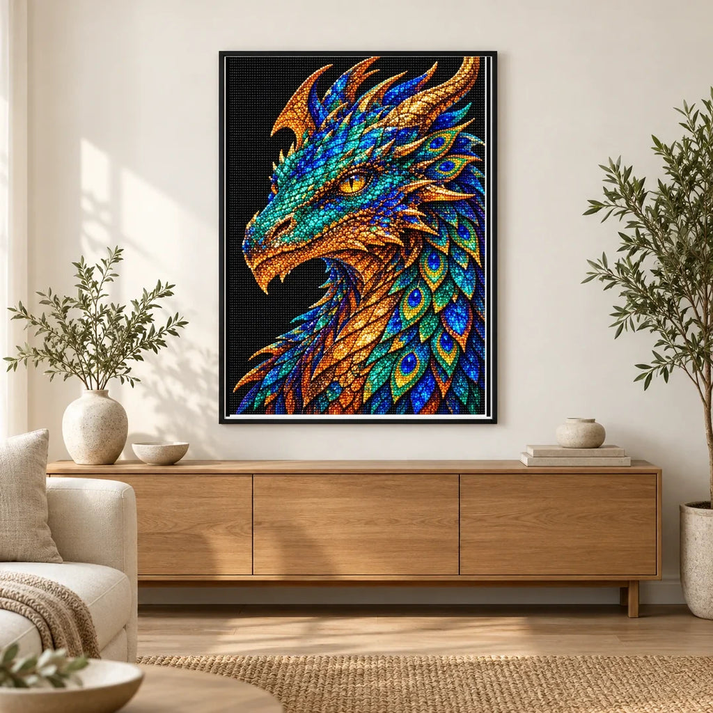 Peacock Feather Mosaic Dragon finished diamond painting in a home interior