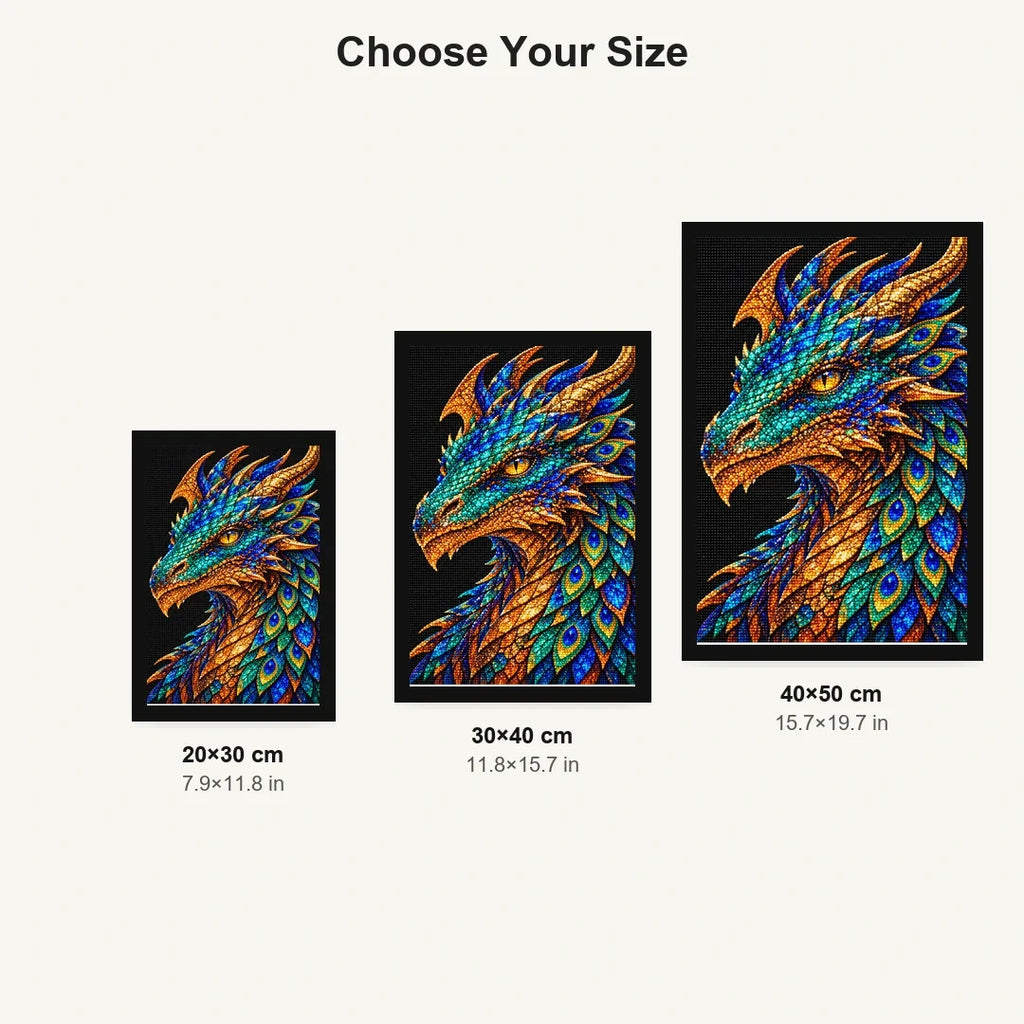 Peacock Feather Mosaic Dragon 20 by 30, 30 by 40, and 40 by 50 centimeter size guide