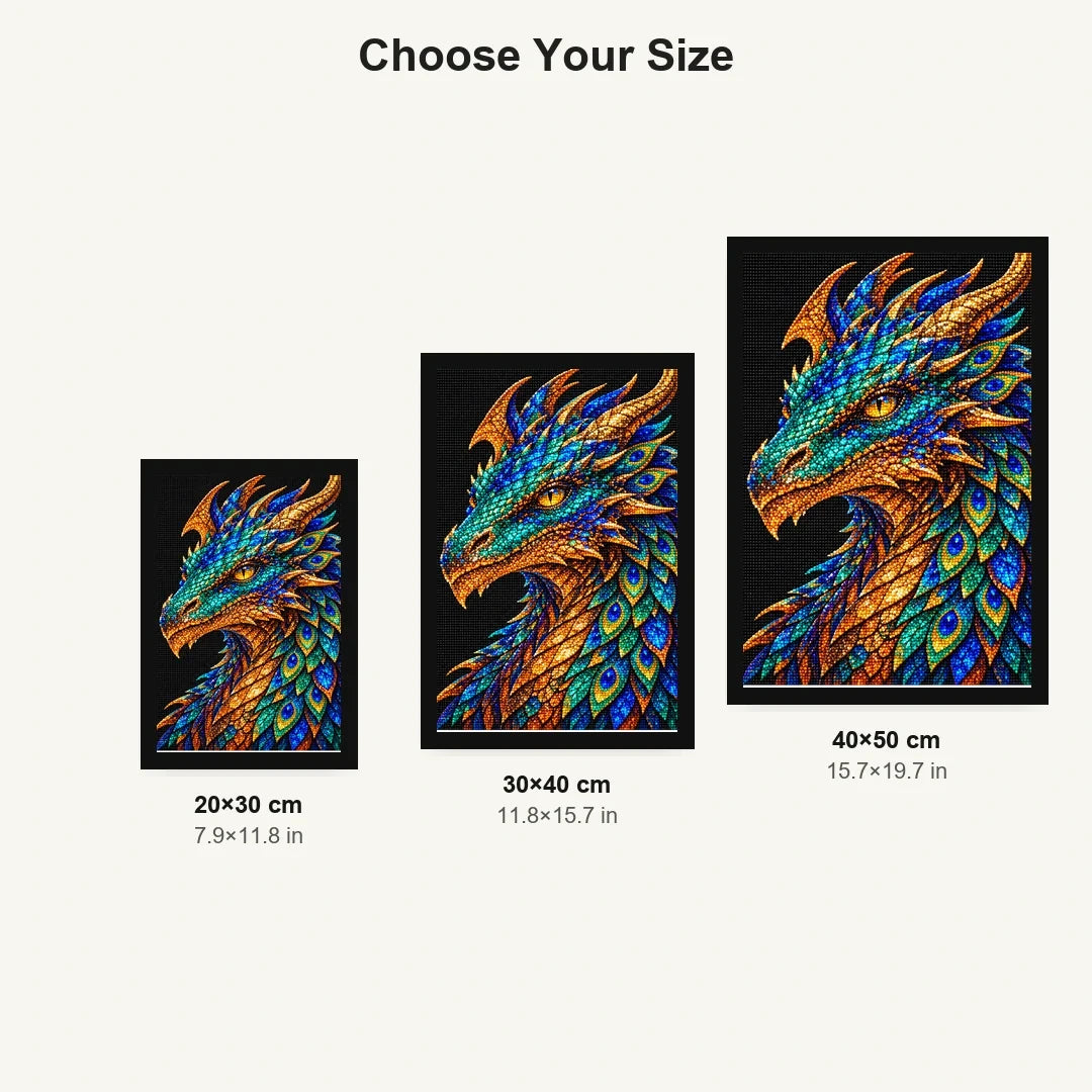 Peacock Feather Mosaic Dragon 20 by 30, 30 by 40, and 40 by 50 centimeter size guide