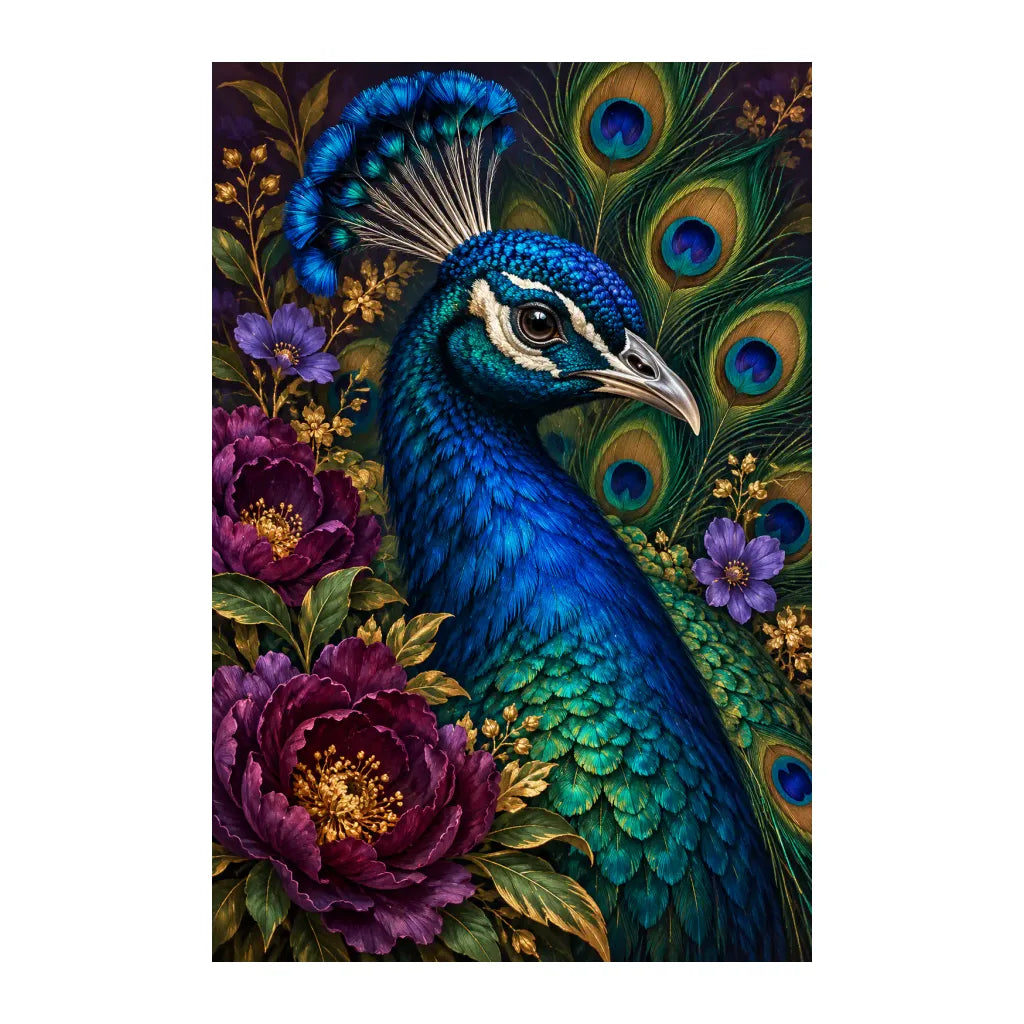 White-background original artwork of a blue-green peacock with jewel-toned eyespot feathers and flowers
