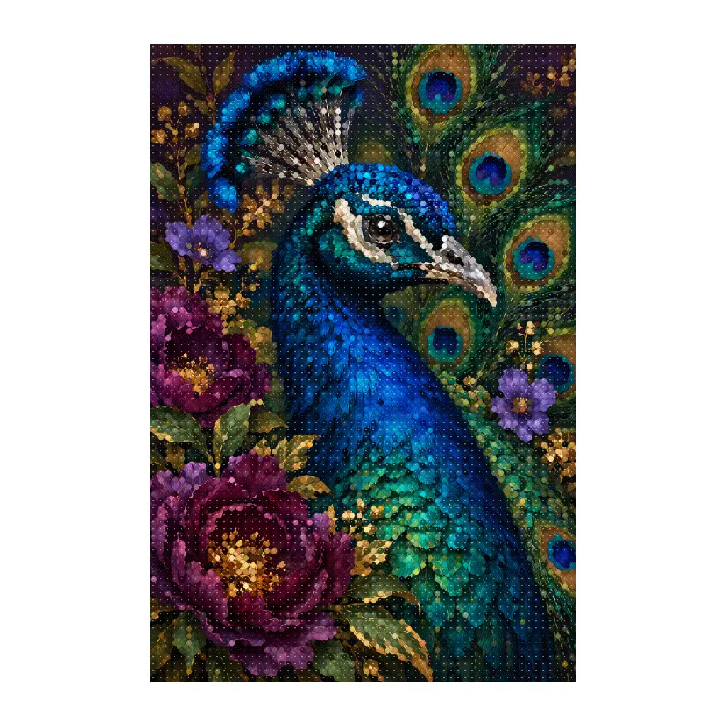White-background finished diamond painting of a peacock with colorful eye-patterned feathers