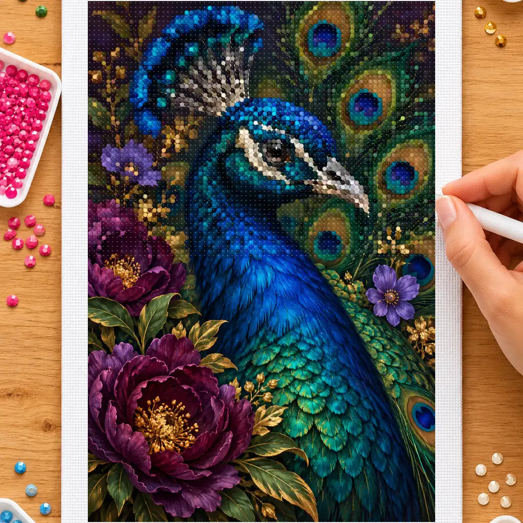 Hands placing drills on the peacock jewel feathers diamond painting canvas
