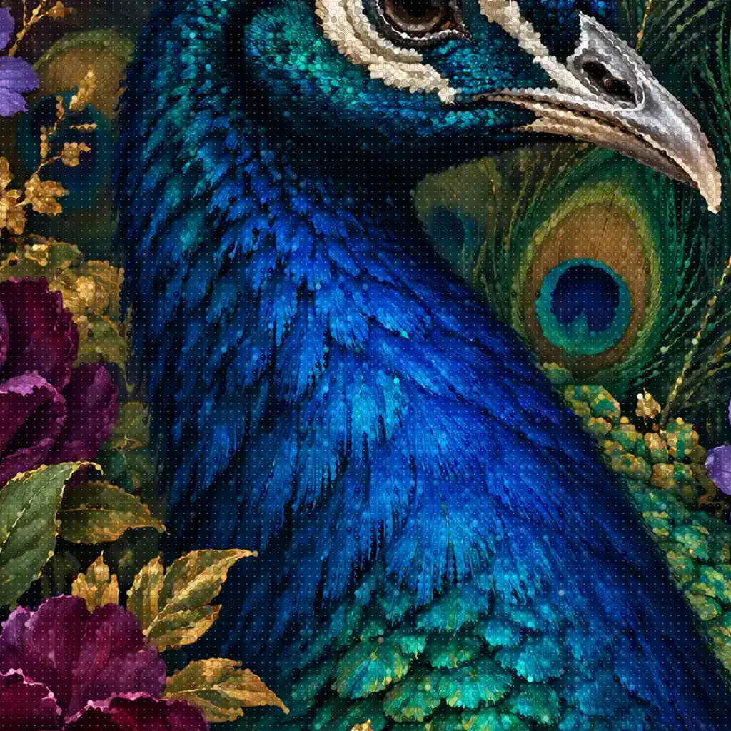 Close-up diamond detail of blue-green peacock plumage and feather eyespots