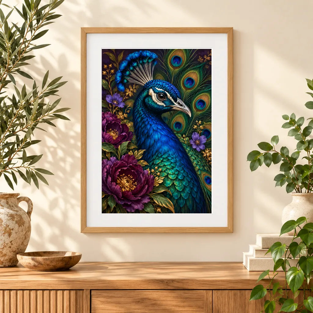 Framed home display of the peacock jewel feathers diamond painting