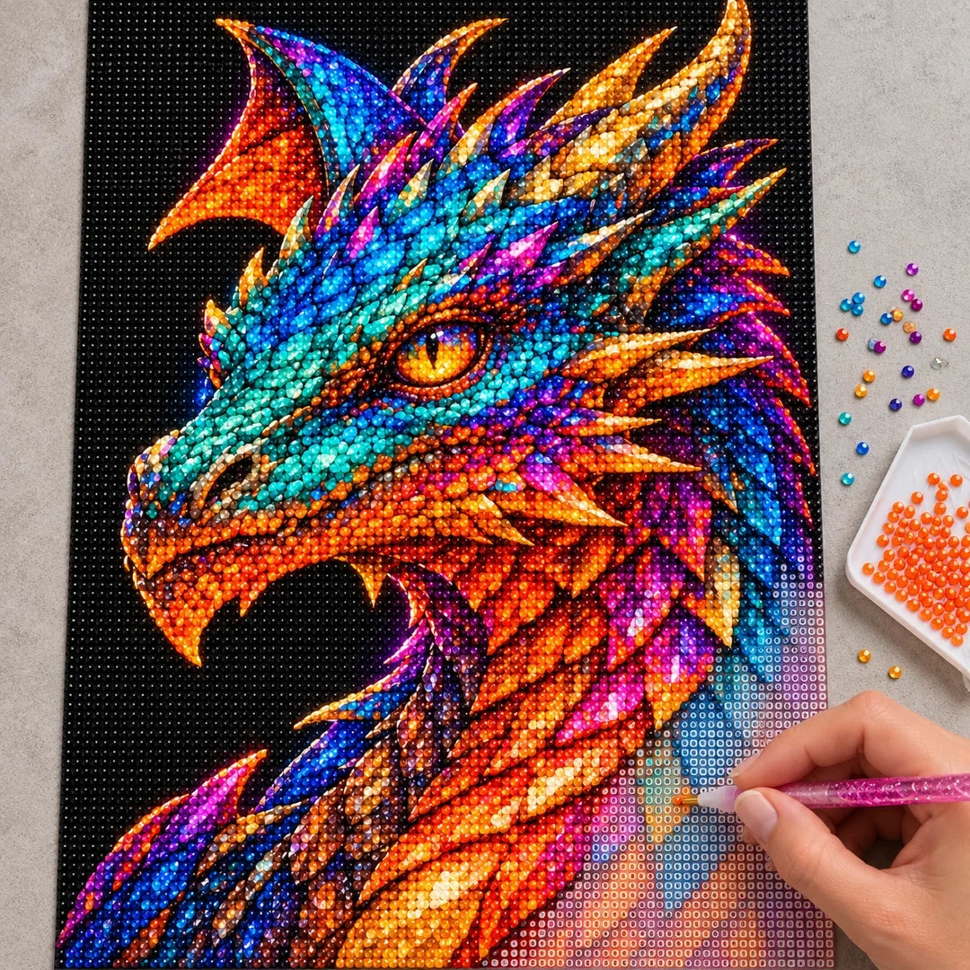 Peacock Jewel Mosaic Dragon diamond painting process with pen and tray