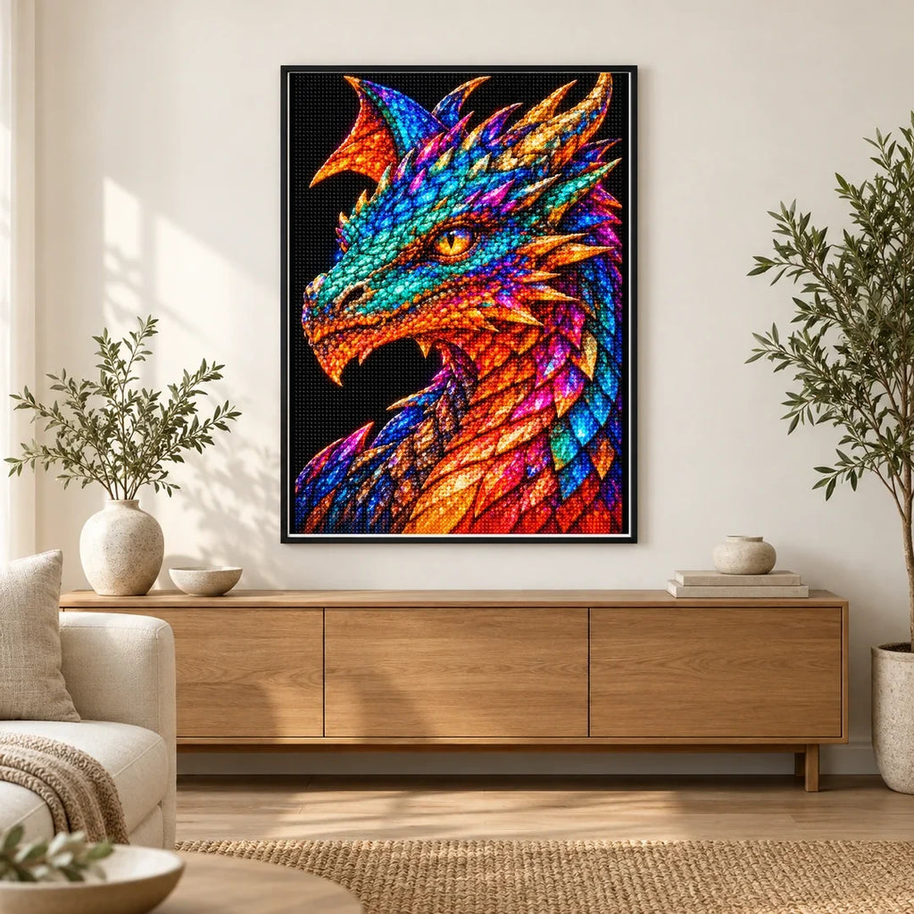 Peacock Jewel Mosaic Dragon finished diamond painting in a home interior
