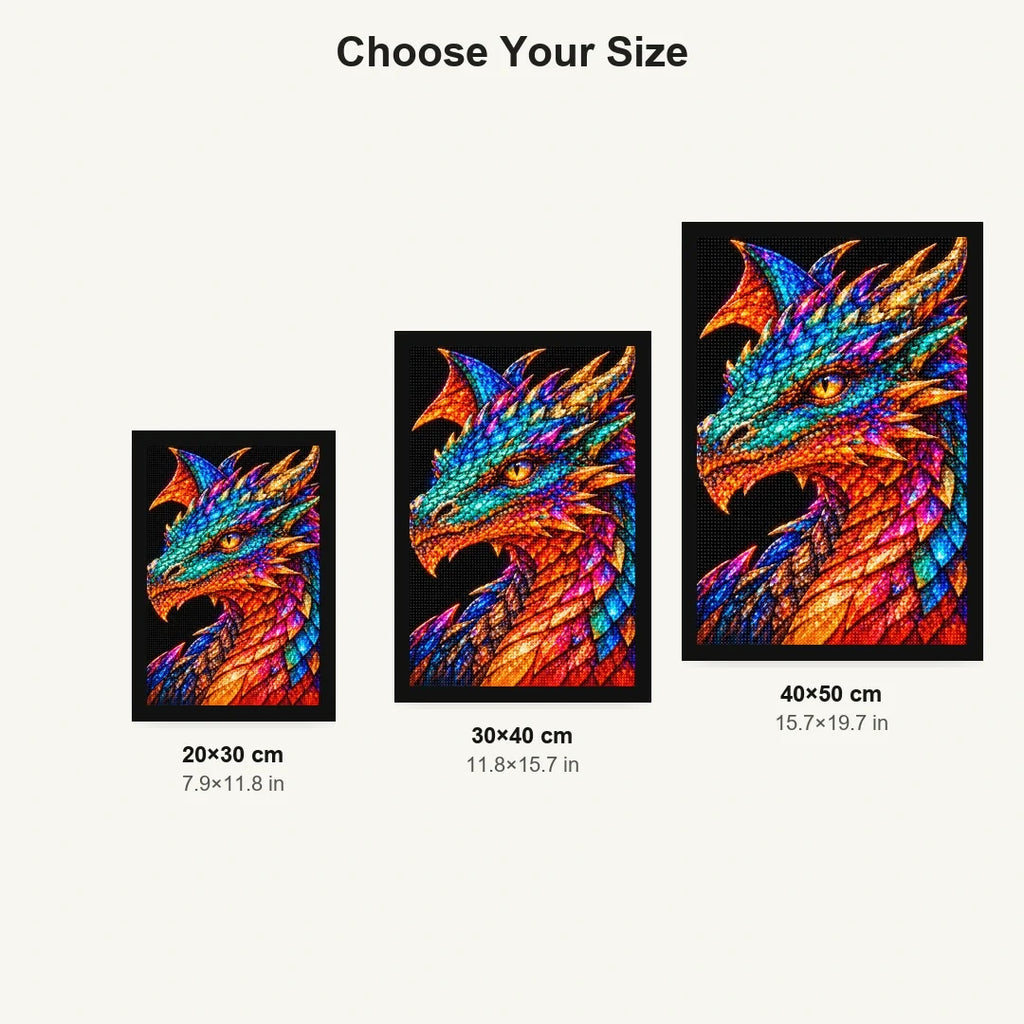 Peacock Jewel Mosaic Dragon 20 by 30, 30 by 40, and 40 by 50 centimeter size guide