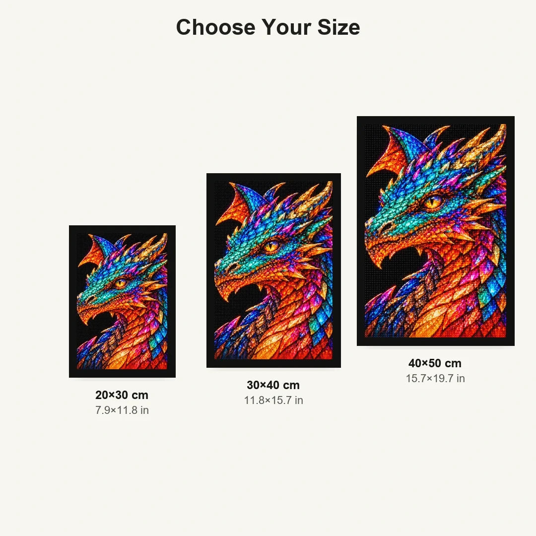 Peacock Jewel Mosaic Dragon 20 by 30, 30 by 40, and 40 by 50 centimeter size guide
