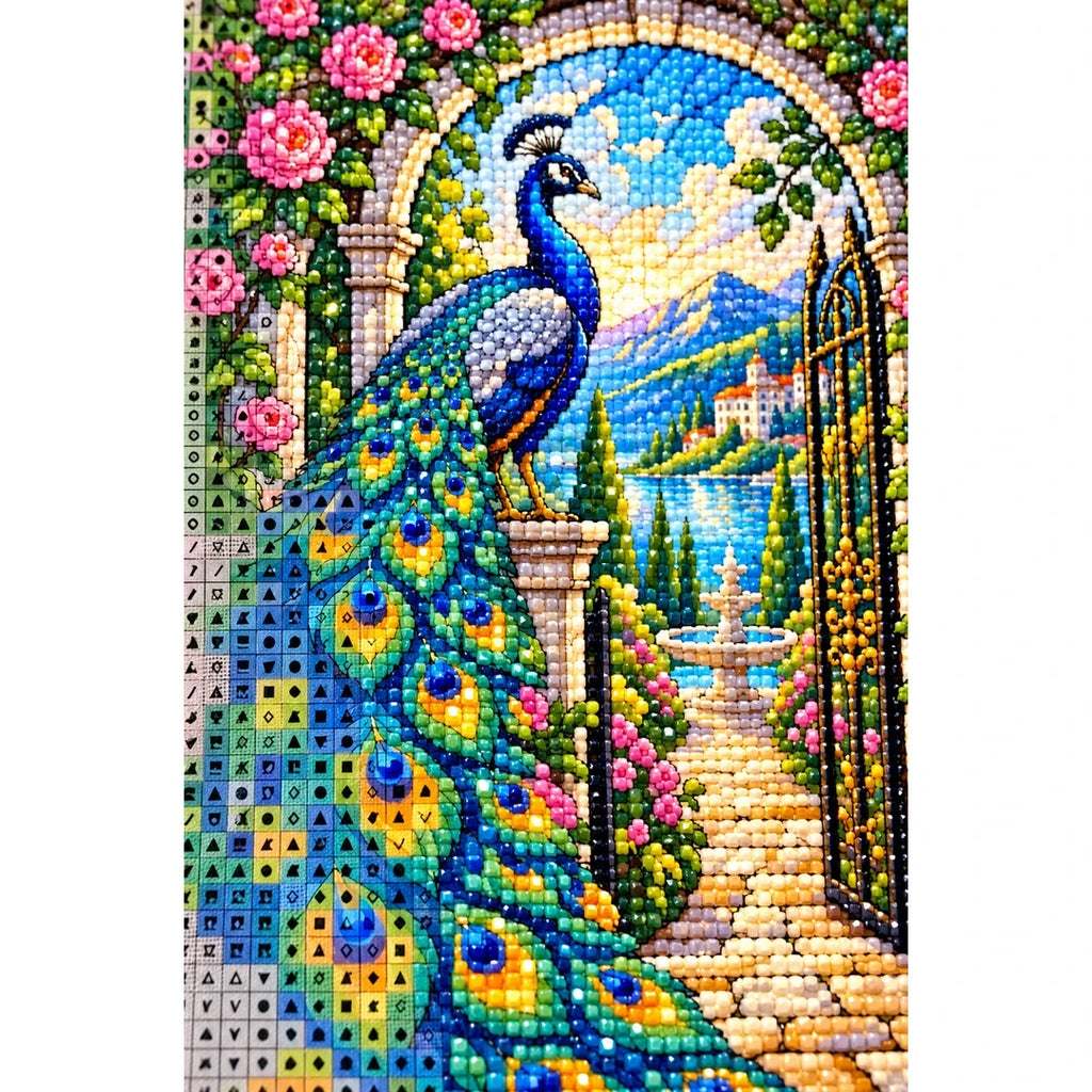 Peacock Rose Garden Diamond Painting Kit — canvas and drill material detail