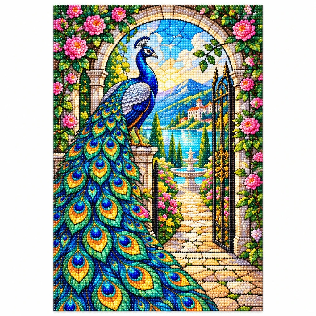 Peacock Rose Garden Diamond Painting Kit — finished diamond painting on white background