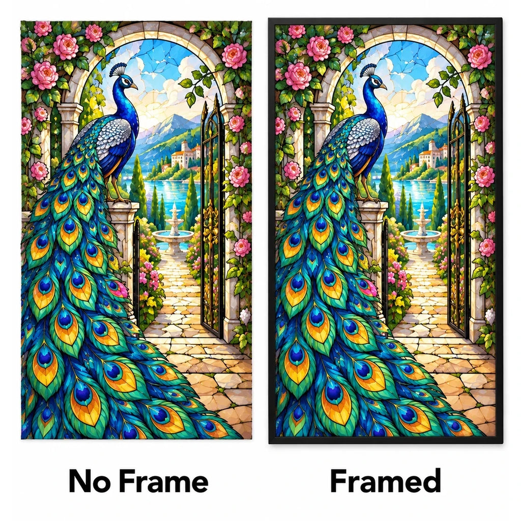 Peacock Rose Garden Diamond Painting Kit — No Frame and Framed style comparison