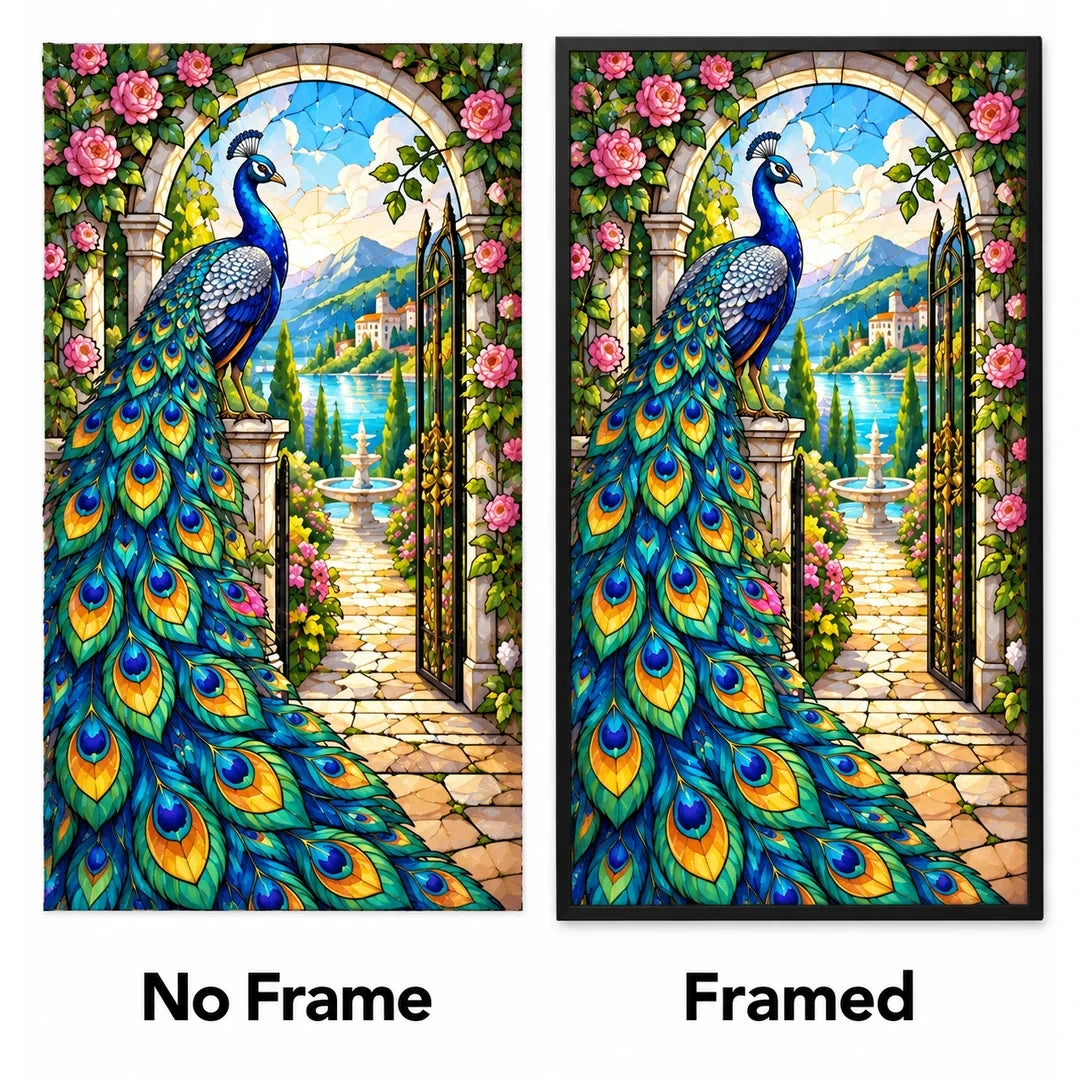 Peacock Rose Garden Diamond Painting Kit — No Frame and Framed style comparison