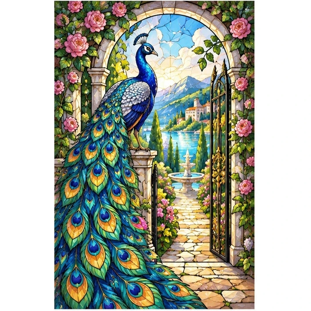 Peacock Rose Garden Diamond Painting Kit — original white-background artwork