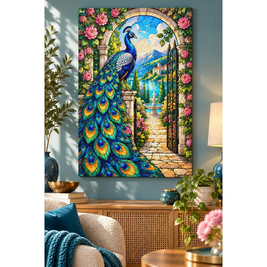 Peacock Rose Garden Diamond Painting Kit — finished diamond painting in a home setting