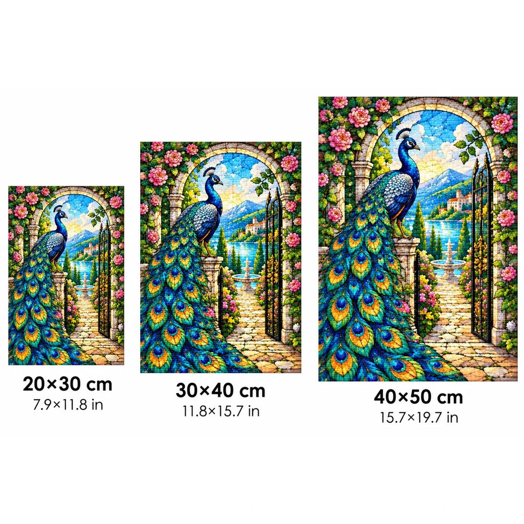 Peacock Rose Garden Diamond Painting Kit — 20 by 30, 30 by 40, and 40 by 50 centimeter size guide