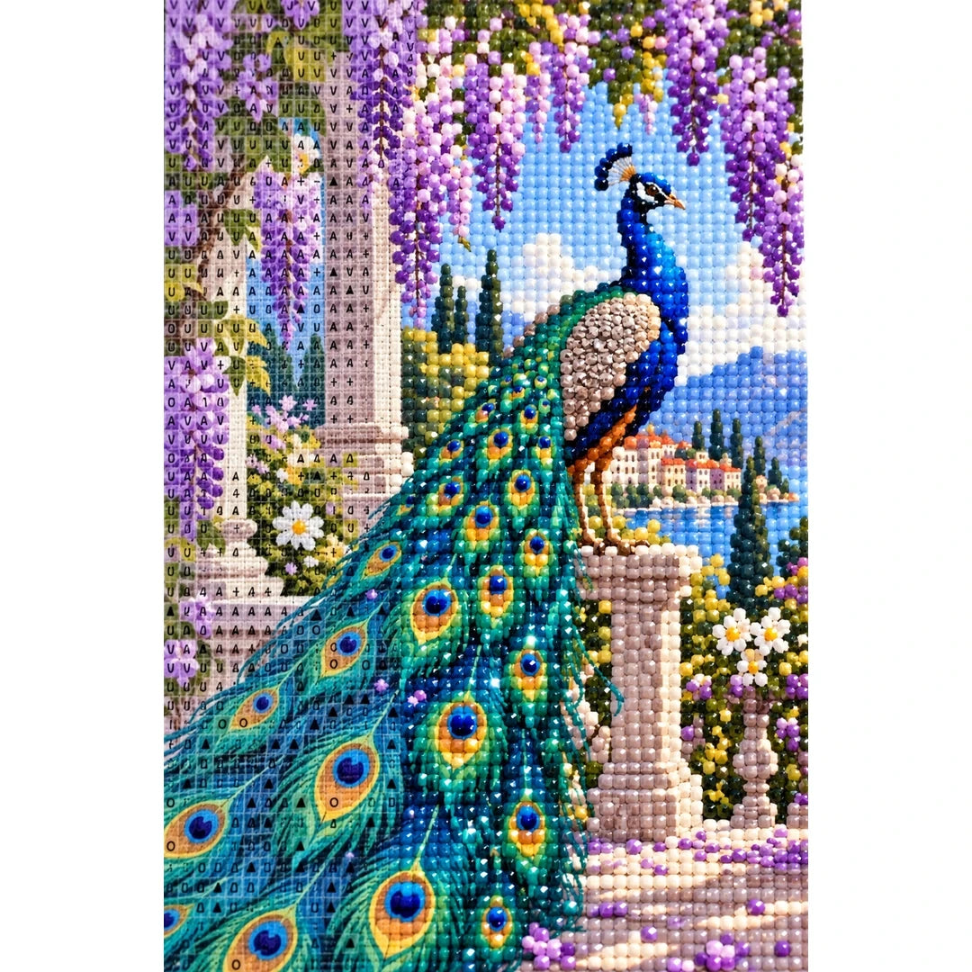 Peacock Wisteria Garden Diamond Painting Kit diamond and canvas detail