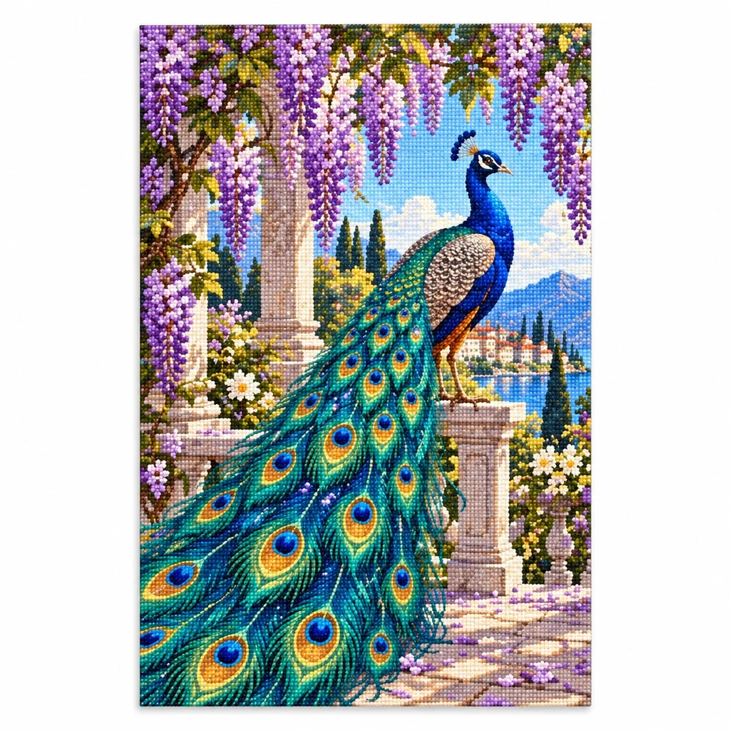 Peacock Wisteria Garden Diamond Painting Kit finished diamond artwork on white background