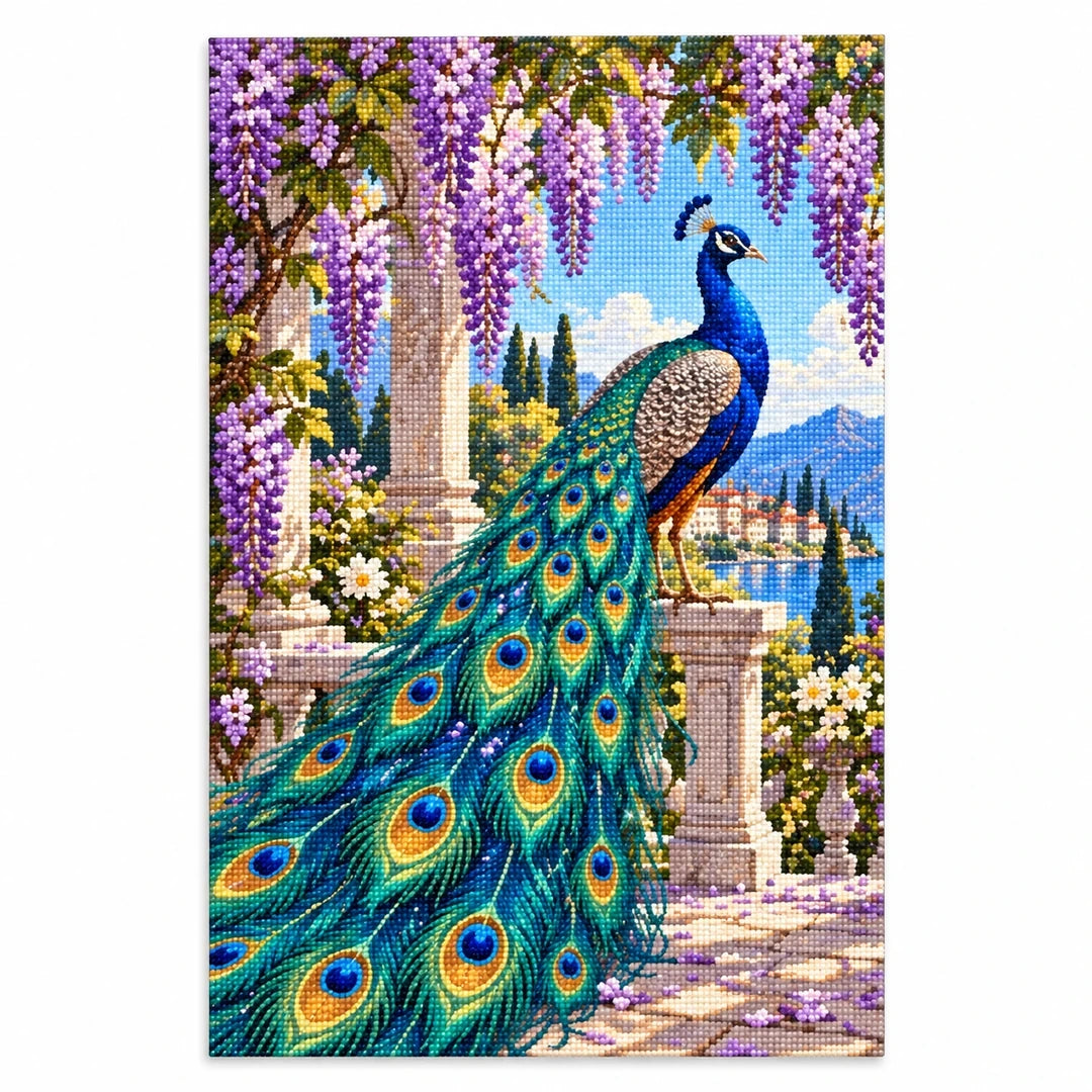 Peacock Wisteria Garden Diamond Painting Kit finished diamond artwork on white background