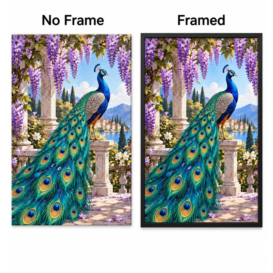 Peacock Wisteria Garden Diamond Painting Kit No Frame and Framed comparison
