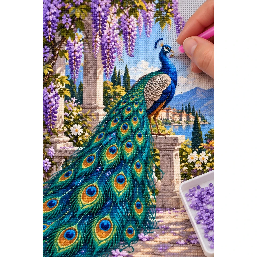 Peacock Wisteria Garden Diamond Painting Kit diamond placement process