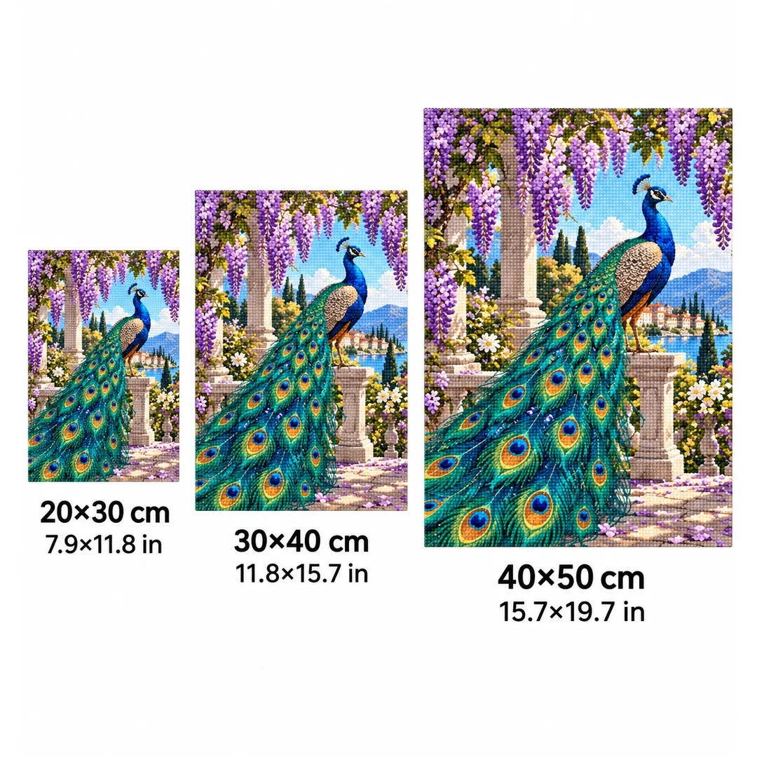 Peacock Wisteria Garden Diamond Painting Kit size guide