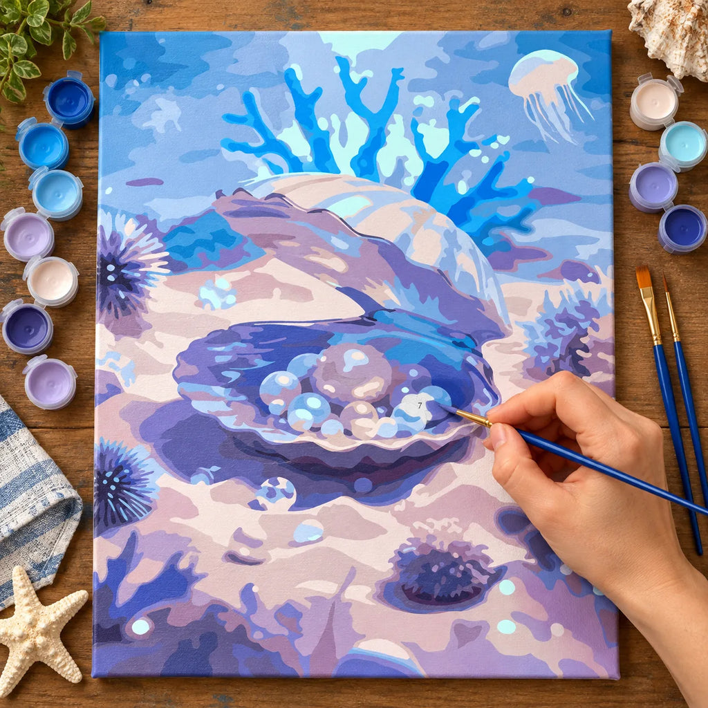 Complete Pearl Oyster Underwater numbered canvas being painted with acrylic paints and brushes