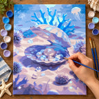 Complete Pearl Oyster Underwater numbered canvas being painted with acrylic paints and brushes