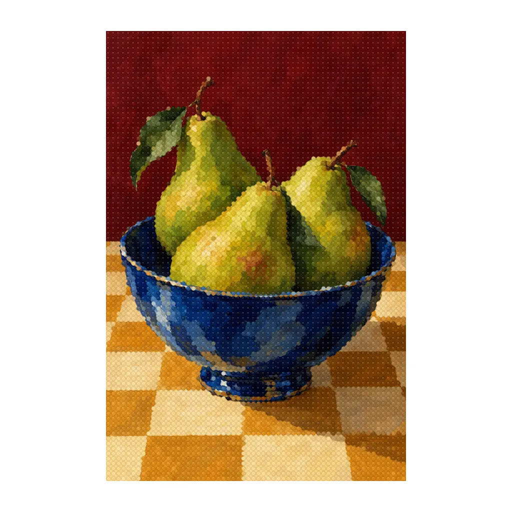 White-background finished diamond painting of pears on a checkerboard table