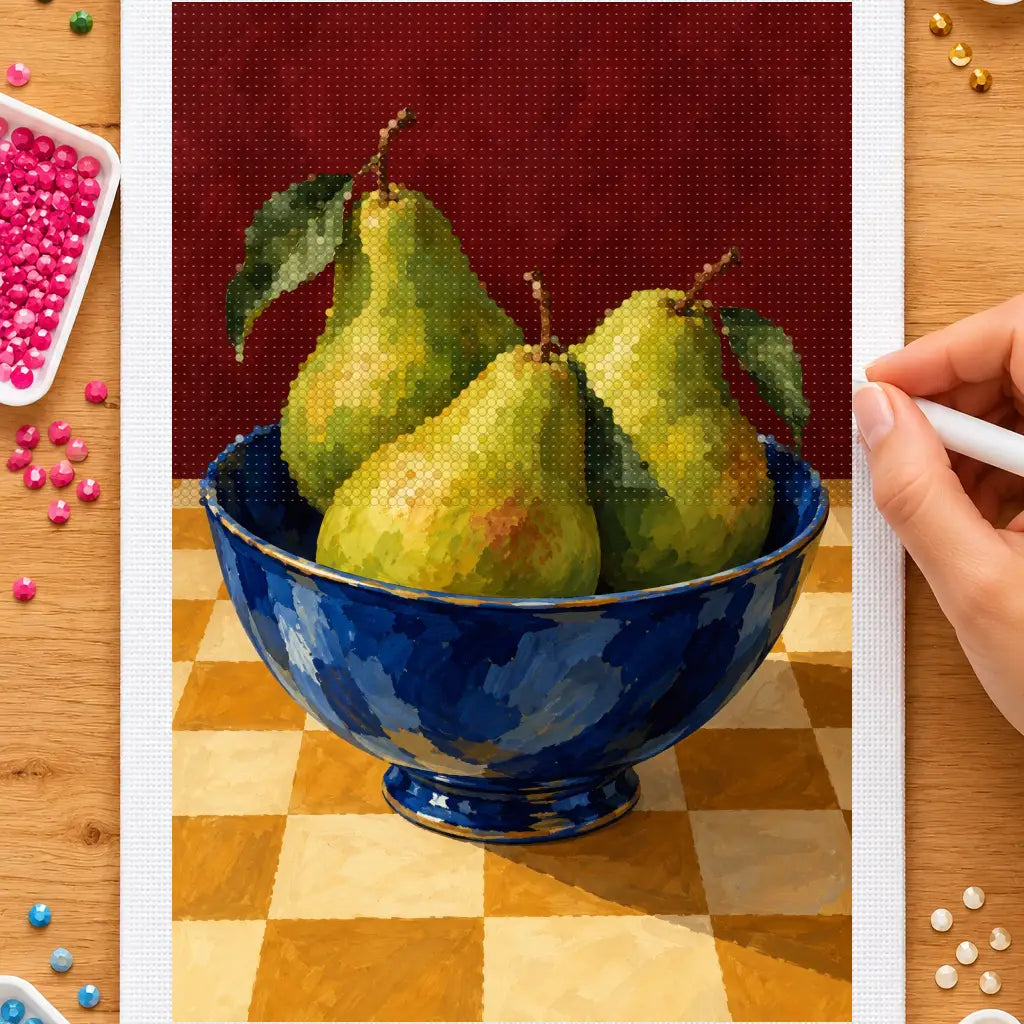 Hands placing drills on the pears on a checkerboard table diamond painting canvas
