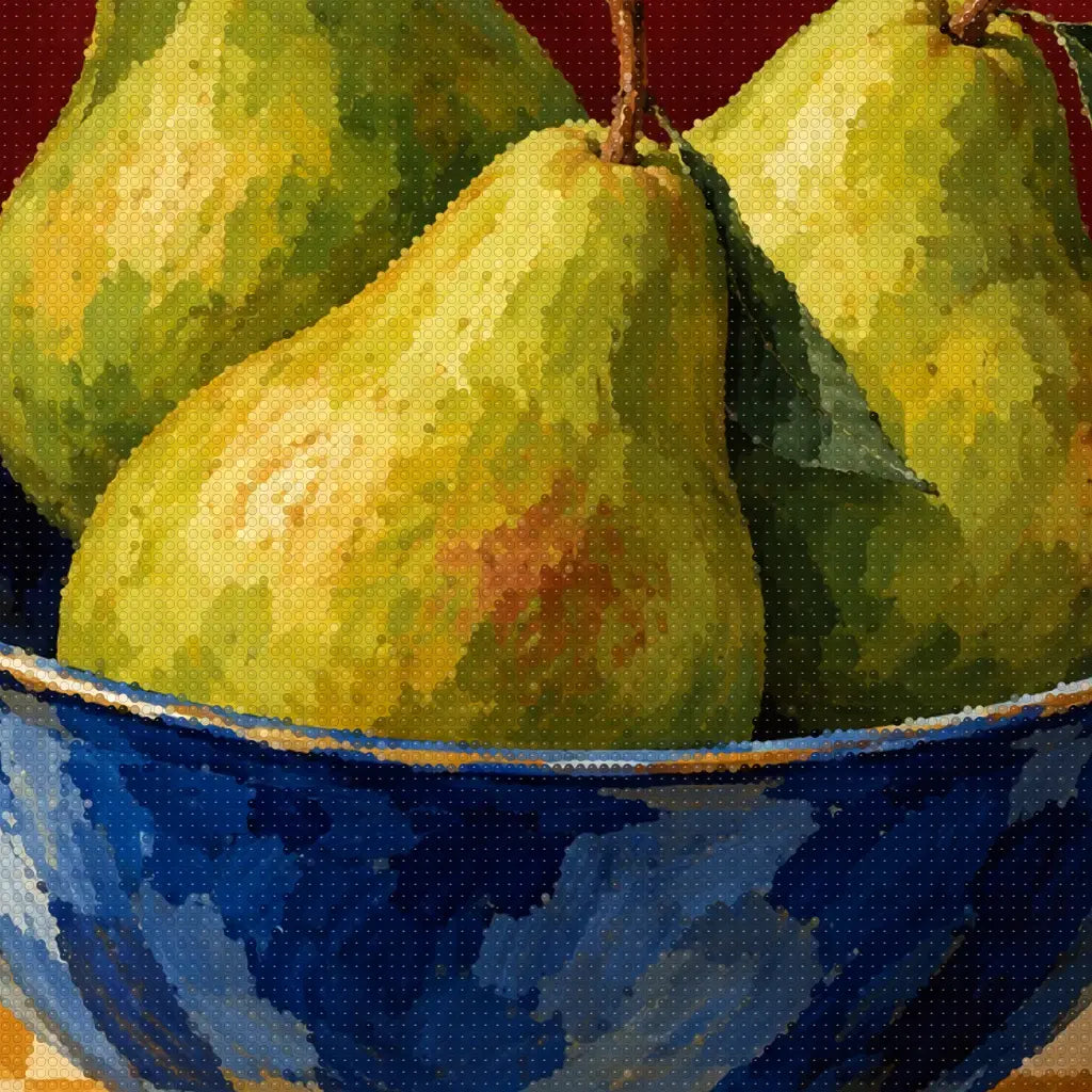 Close-up diamond detail of the pears on a checkerboard table diamond painting