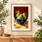 Framed home display of the pears on a checkerboard table diamond painting