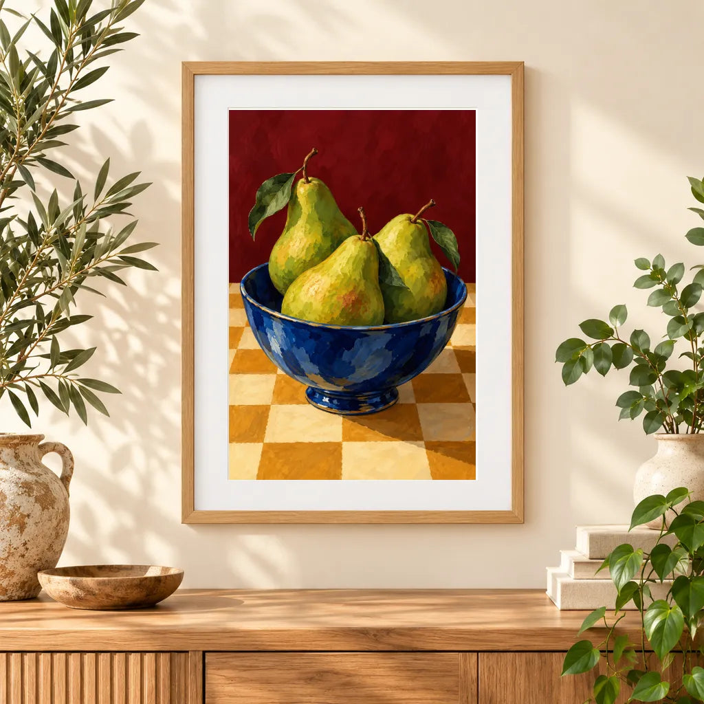 Framed home display of the pears on a checkerboard table diamond painting