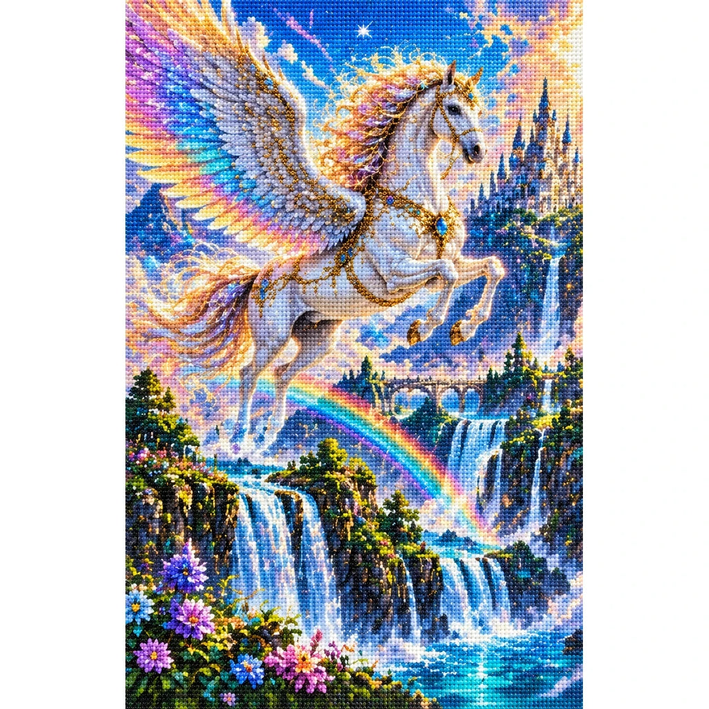 Pegasus Rainbow Waterfall finished diamond painting on white