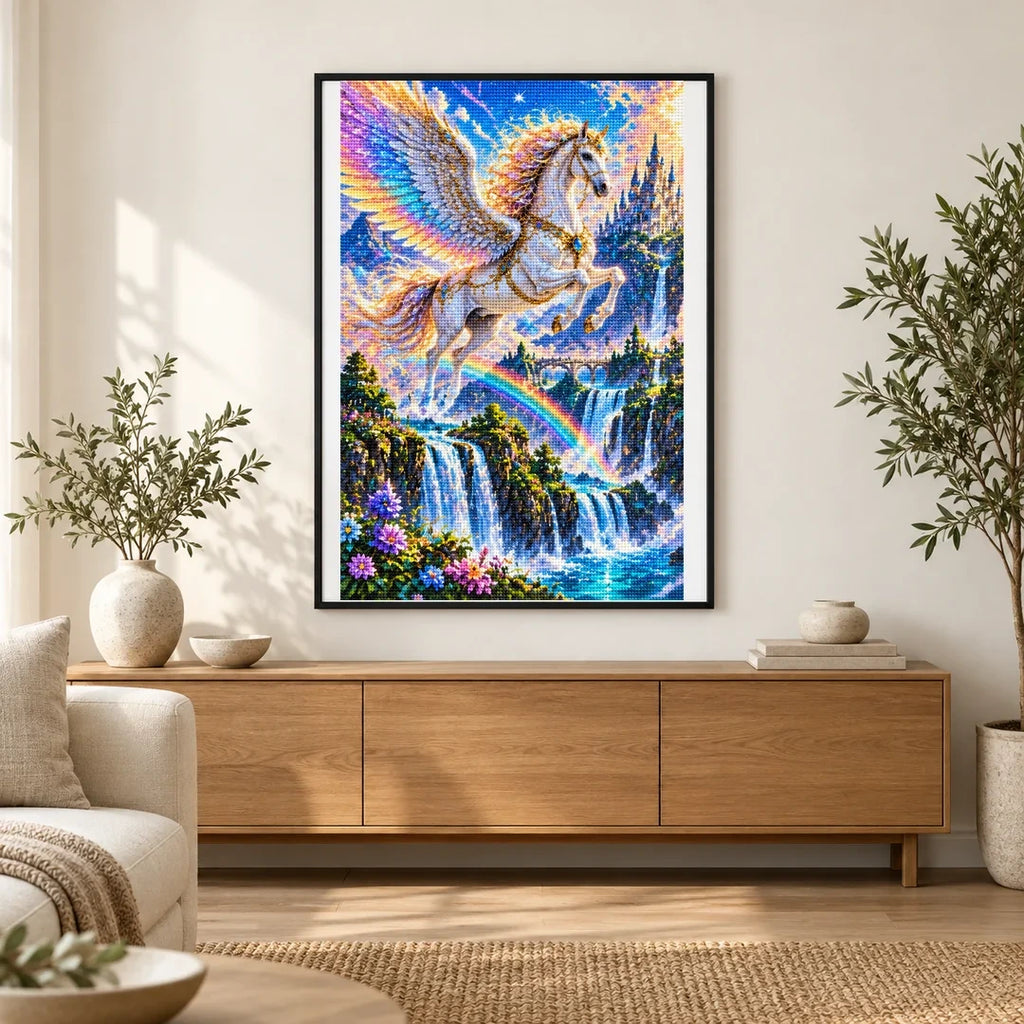 Pegasus Rainbow Waterfall finished artwork in home décor