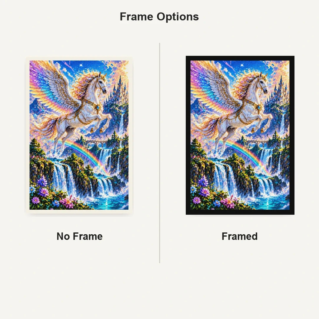 Pegasus Rainbow Waterfall No Frame and Framed comparison