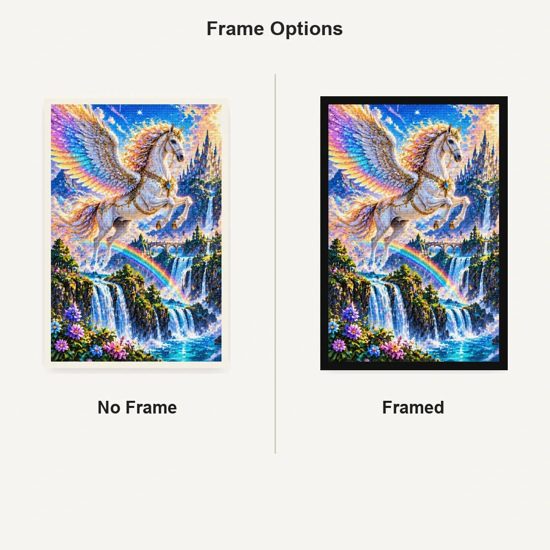 Pegasus Rainbow Waterfall No Frame and Framed comparison