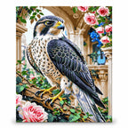 Peregrine Falcon among Roses paint by numbers artwork on a front-facing canvas against a white background