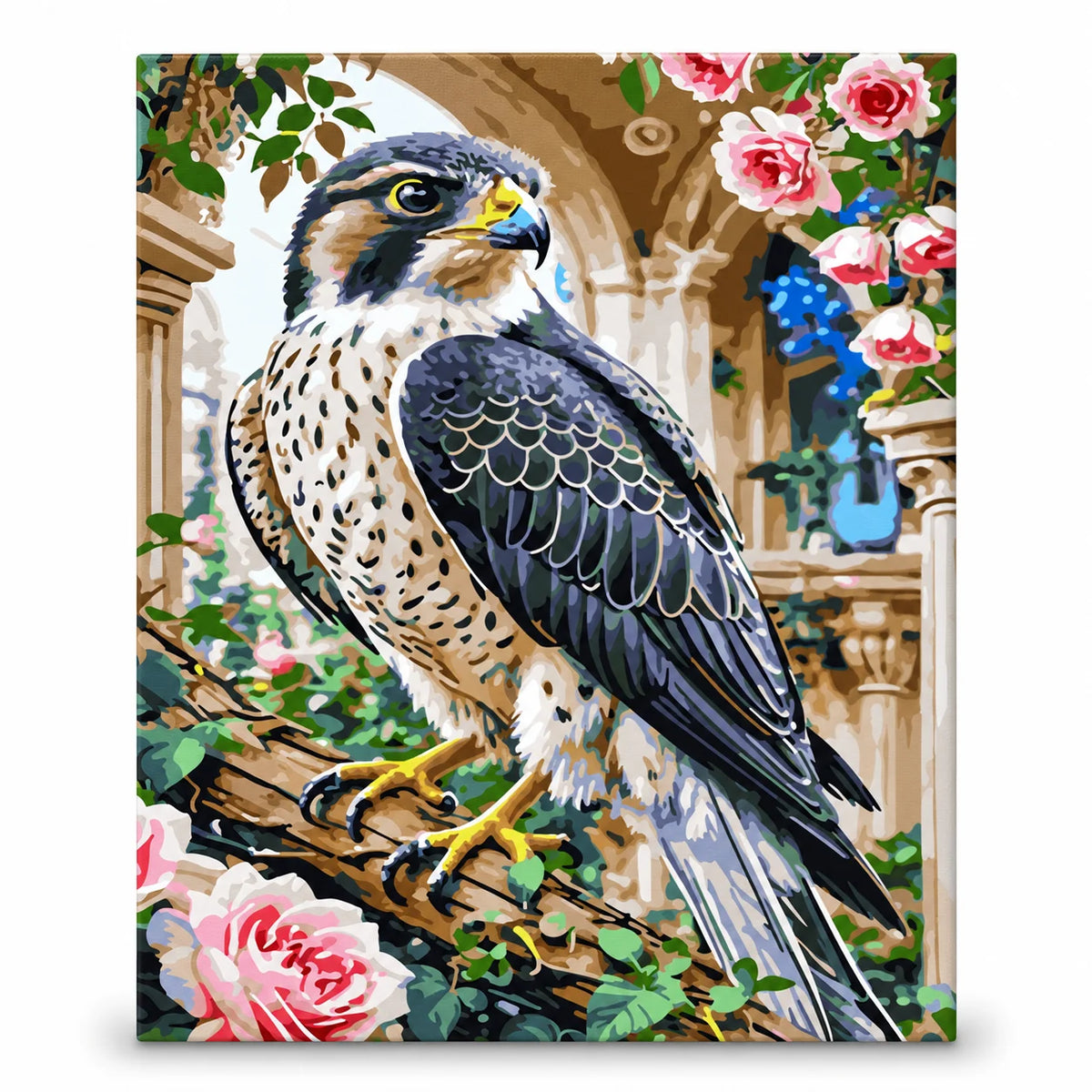 Peregrine Falcon among Roses paint by numbers artwork on a front-facing canvas against a white background