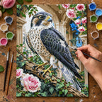 Complete Peregrine Falcon among Roses numbered canvas being painted with acrylic paints and brushes