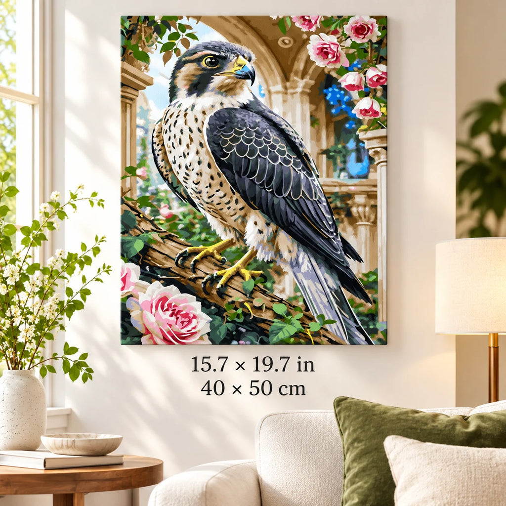 Peregrine Falcon among Roses shown in a styled room with 15.7 × 19.7 in and 40 × 50 cm dimensions
