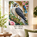Peregrine Falcon among Roses shown in a styled room with 15.7 × 19.7 in and 40 × 50 cm dimensions