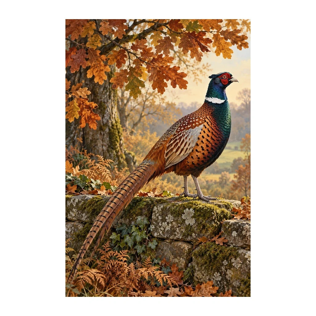 Original illustration of a colorful pheasant on a stone wall beneath autumn oak leaves, on a white background