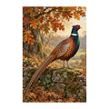 Original illustration of a colorful pheasant on a stone wall beneath autumn oak leaves, on a white background