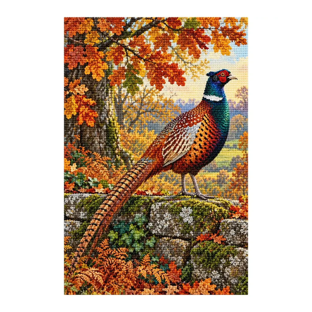 Finished diamond painting of a pheasant beneath golden autumn oaks