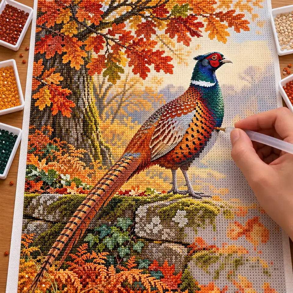 Hand placing diamond drills on the autumn pheasant canvas