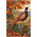 Finished white-background diamond painting of a pheasant beneath autumn oak leaves