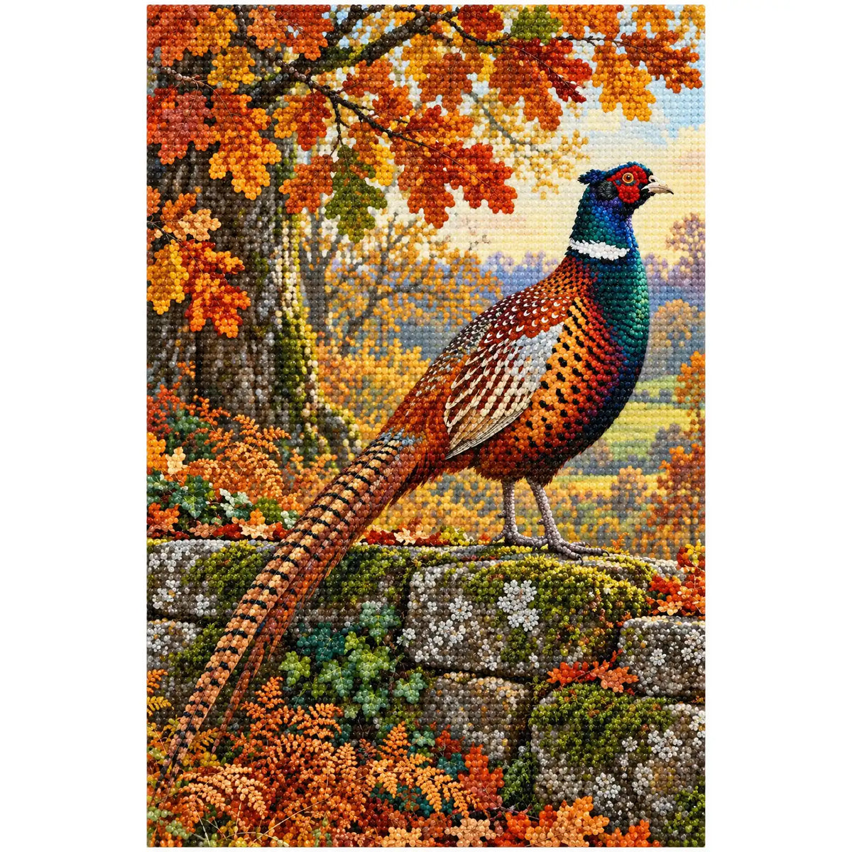 Finished white-background diamond painting of a pheasant beneath autumn oak leaves